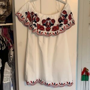 White with navy and red off the shoulder sundress
